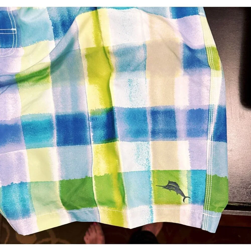 Tommy Bahama Mens Blue Green Plaid Pockets Swim Trunks Plus Sz 3XL Big New